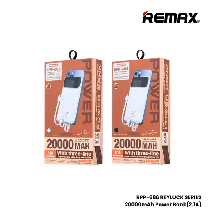 Remax RPP-686 Power Bank 20000mAh Reyluck Series 2.1A Smart LED Display Cabled Fast Charger
